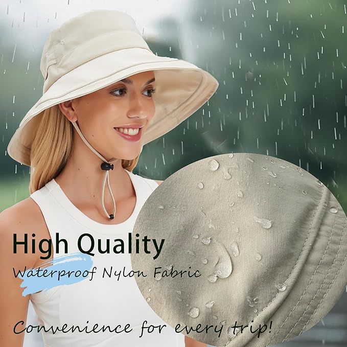 Sun Hats for Women Men UV Protection Wide Brim Bucket Hat with Ponytail Hole Waterproof Gardening Fold-Up Summer Cap