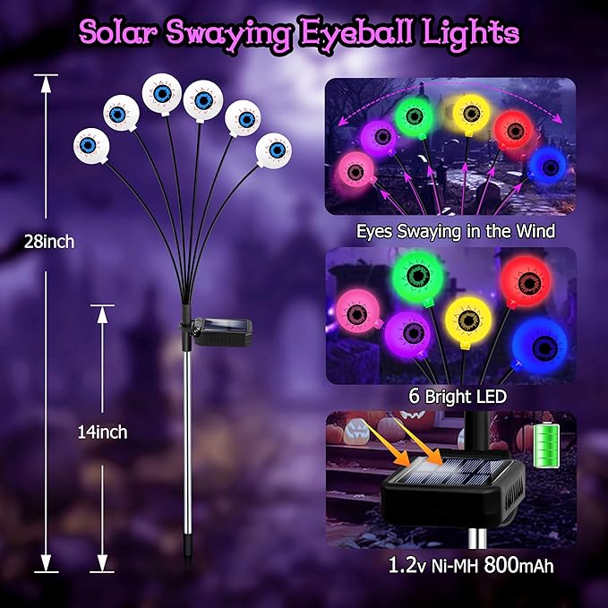 Kohlrabi 4 Pack 24 LED Solar Scary Eyeball Swaying Lights, Solar Firefly Lights Waterproof for Outdoor Garden Yard Lawn Party Flower Bed Decor