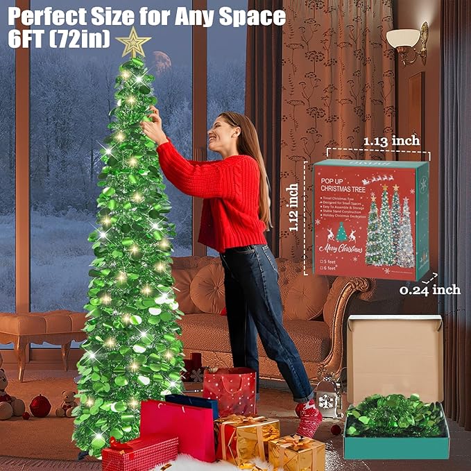 HMASYO 6 FT Pop Up Christmas Tree with 100 LED Lights & Remote, Green Christmas Tinsel Tree, Collapsible Artificial Pencil Tree for Home Office Party Decor, USB Powered Timer Lights, Easy Assembly