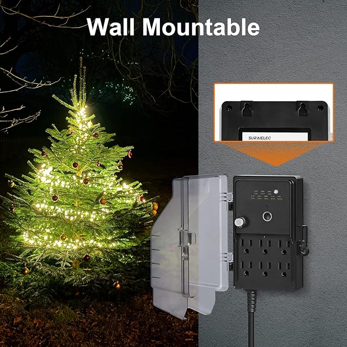 SURAIELEC Outdoor Power Stake Light Timer, Dusk to Dawn, 6 Electrical Outlet Power Strip Weatherproof, 6FT Extension Cord Multiple Outlet for Patio Lights, Sprinkler, Garden, Christmas Decorations