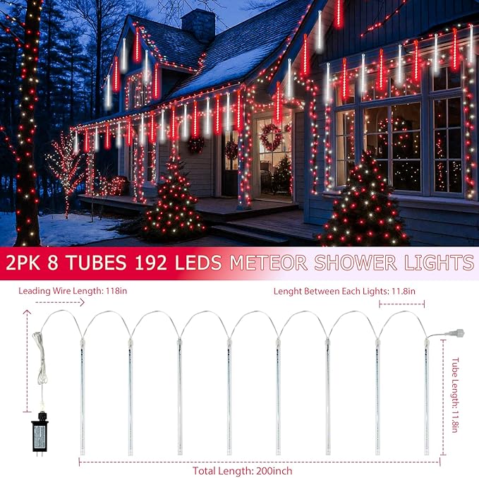 2-Pack Extendable Meteor Shower Christmas Lights Outdoor, 16 Tubes 384 LEDs Waterproof Falling Rain String Lights, Christmas String Lights Outdoor for Tree Garden Holiday Decorations (Red and White)
