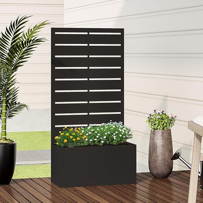 Casaphoria Metal Raised Garden Bed, 47"x24"x12" Planter Box for Climbing Plants, Vegetables & Vines, Features Drainage Holes and Privacy Screen (Black-Louvered)