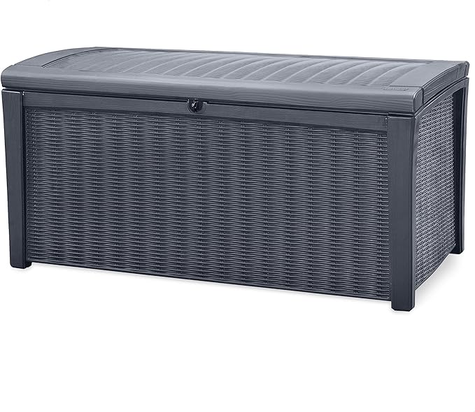 Keter Borneo 110 Gallon Storage Box, All-Weather Wicker Rattan-Style Resin Deck Box and Stylish Outdoor Bench with Piston-Assisted Lockable Lid, Grey