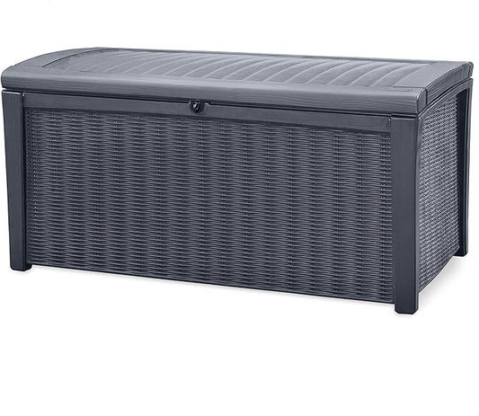 Keter Borneo 110 Gallon Storage Box, All-Weather Wicker Rattan-Style Resin Deck Box and Stylish Outdoor Bench with Piston-Assisted Lockable Lid, Grey