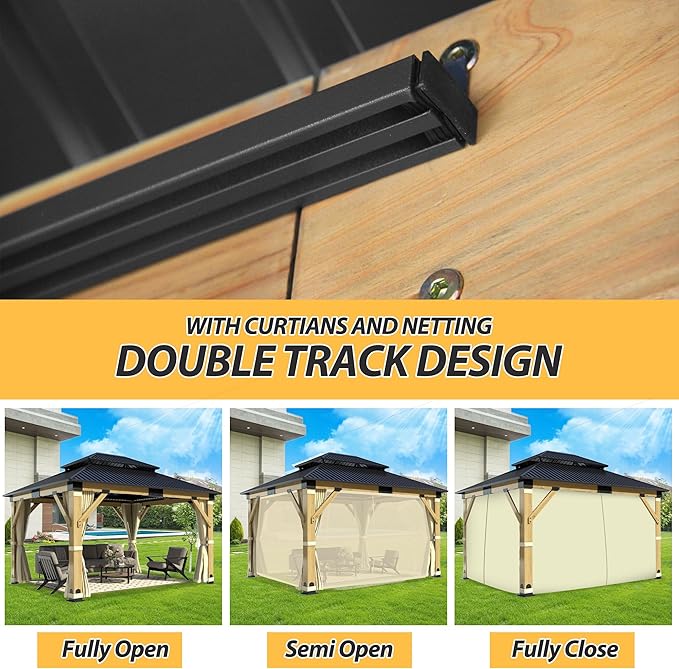 11'x13' Wood Gazebo, Hardtop Cedar Gazebos with Double Roof Galvanized Steel Top, Outdoor Solid Wooden Pavilion with Curtain & Netting for Garden, Patio, Deck, Backyard