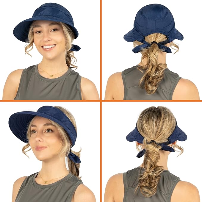 SUN CUBE Women Sun Hat for Outdoor UV Protection, Wide Brim Sun Hat Ponytail, Convertible Zip-Off Beach Hat Visor