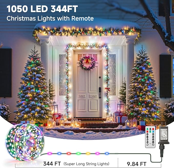 Mlambert 1050 LED Christmas Lights 344FT, Outdoor Waterproof Dimmable Fairy Lights with Remote, 8 Modes Indoor Lighting for Holiday Décor, Multicolor