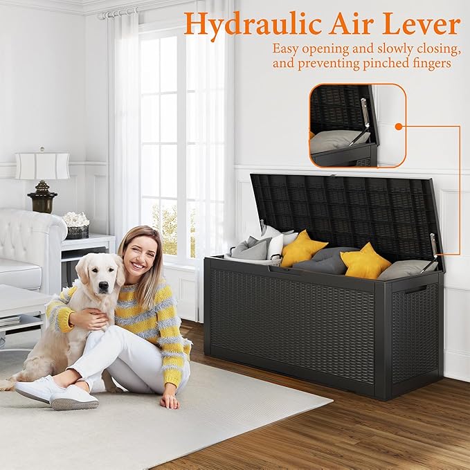 100 Gallon Resin Deck Box, Lockable Patio Outdoor Storage Box for Furniture, Garden Tools and Tools Storage, Waterproof Outside Storage Boxes - Black