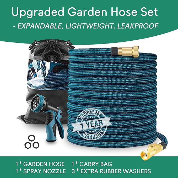 100 ft Expandable Garden Hose, 2025 New Ultra Lightweight & Flexible Water Hose with 10 Pattern Spray Nozzle, Leak-Proof Solid Brass Fittings, High-Density Outer Fabric & Durable Latex Core, No Kink