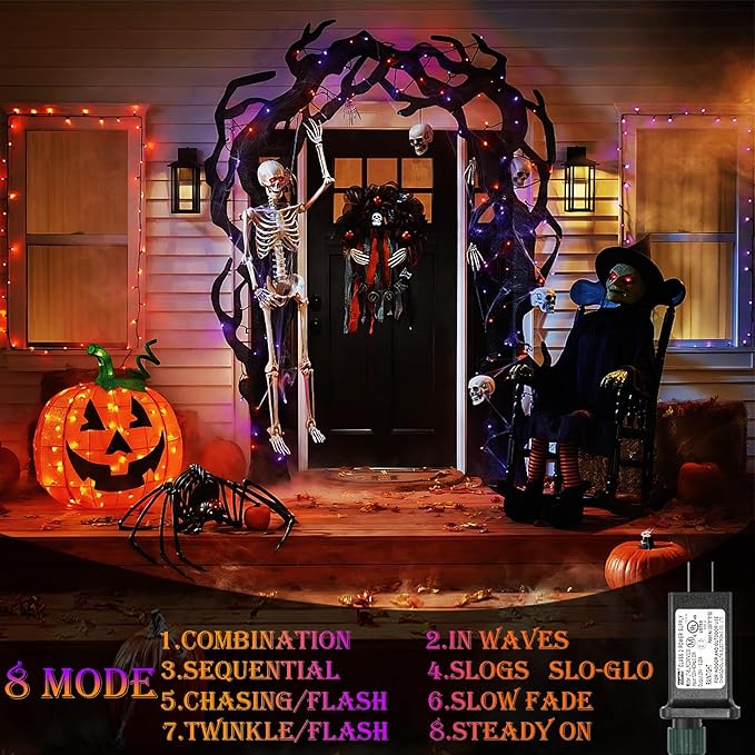 Decute Halloween String Lights Outdoor Indoor Waterproof 300LED 105FT UL Certified with End-to-End Plug 8 Modes, Decoration Lights for Christmas Tree Patio Garden Wedding Party Orange Purple