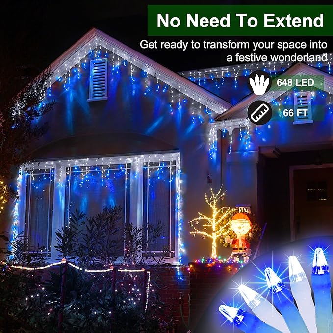 648 LED Outdoor Christmas Lights with 144 Drops, 66ft Christmas Fairy Lights with 8 Modes Timer, Twinkly Lights Waterproof for Halloween Eaves Yard Holiday Wedding Party Decor(Blue & Cool White)