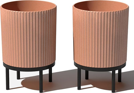 Veradek Demi Series Round Planter w/Stand for Porch/Patio | Durable Plastic-Stone Composite & Wooden Stand | Modern Décor for Tall Plants, Flowers