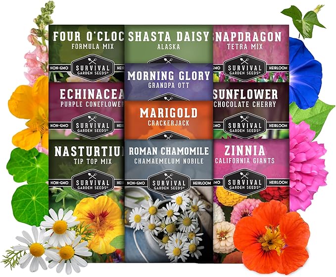 10 Flower Seed Collection for Planting | Zinnia, Sunflower, Marigold, Snapdragon, Nasturtium, Morning Glory, Chamomile, Shasta Daisy, Purple Coneflower, Four O’Clock - Survival Garden Seeds