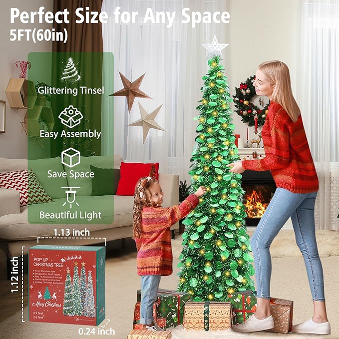 HMASYO 5 FT Pop Up Christmas Tree with Timer Lights, Green Christmas Tinsel Tree, Collapsible Artificial Pencil Christmas Tree for Indoor Home Apartment Porch Holiday Party Decorations