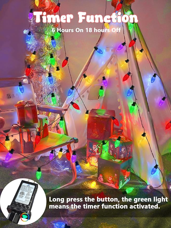 2-Pack Extentable C9 Christmas Lights Outdoor Indoor, 66 FT 100 LED Christmas String Lights Plug in with 8 Modes & Timer, Waterproof Fairy Twinkle Light for Xmas Tree Yard Decorations (Multi-Colored)