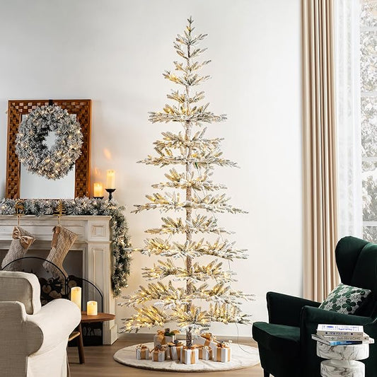 Glitzhome 9ft Deluxe Pre-Lit Flocked Artificial Christmas Tree Serene Snowscape Fir for Home, Office, Party Decoration with 650 Warm White Lights, Metal Hinges & Base, Easy Assembly