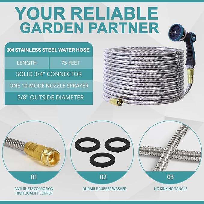 75FT Garden Hose, 304 Stainless Steel Water Hose, Flexible with a 10-Mode Nozzle Sprayer, No Kink, Lightweight, Puncture Proof, Ideal for Yard, Lawn, Outdoor, 5/8'' Outside Diameter