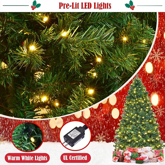 ERGOMASTER 7.5FT Pre-lit Artificial Christmas Tree with Lights, Fake Green Xmas Tree with 1346 Hinged Branch Tips, 400 LED Warm White Incandescent Lights & Foldable Metal Stand for Holiday Home Party