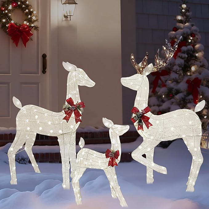 Joiedomi 3 Packs Christmas Decoration Deer Family, 360 Warm White LED Lighted Reindeers Yard Lights, Christmas Outdoor Decorations for Yard Garden Lawn, Xmas Decor, White Deer