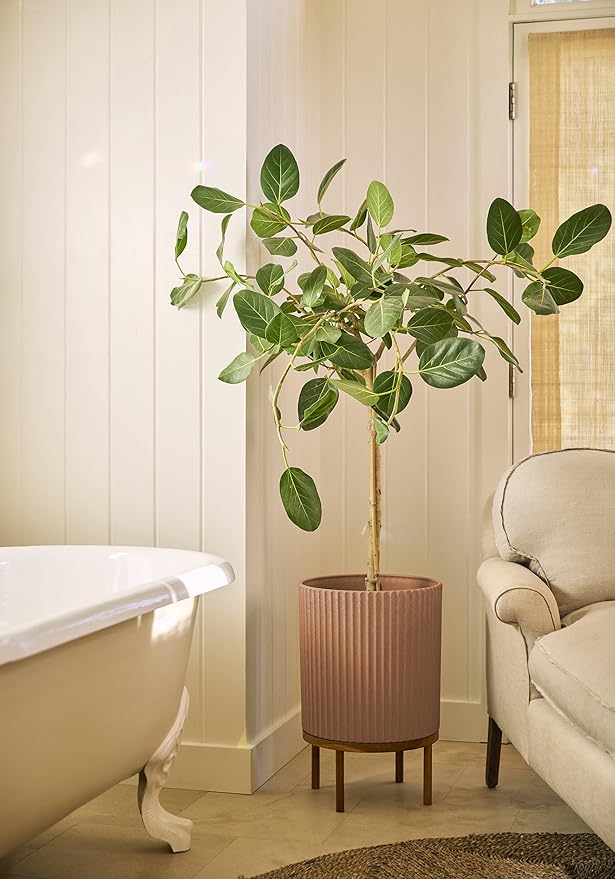 Veradek Demi Series Round Planter w/Stand for Porch/Patio | Durable Plastic-Stone Composite & Wooden Stand | Modern Décor for Tall Plants, Flowers