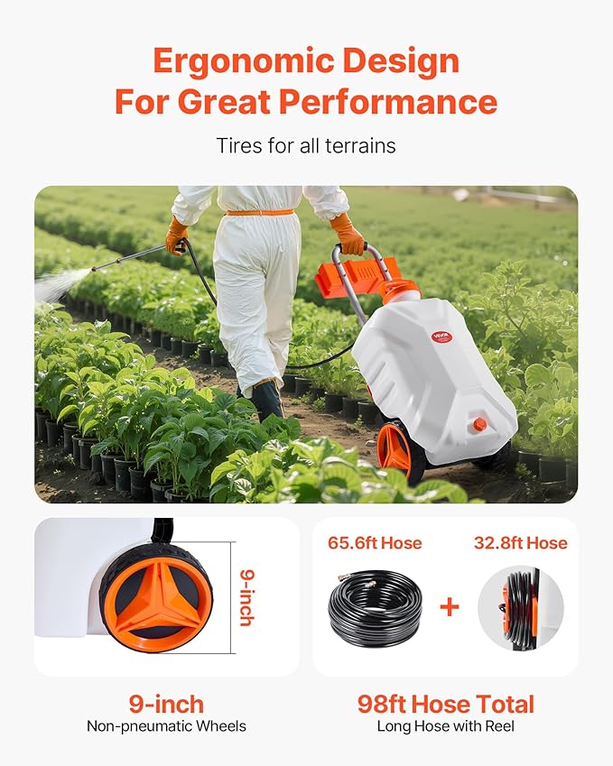 VEVOR Battery-Powered Sprayer with Wheeled Cart, 10 Gallons Electric Weed Sprayer, Adjustable 0-80 PSI, Yard Lawn Sprayers with Wheels, 5 Nozzles & 98ft Hose, 3-6H Spray Time, for Weeding, Cleaning