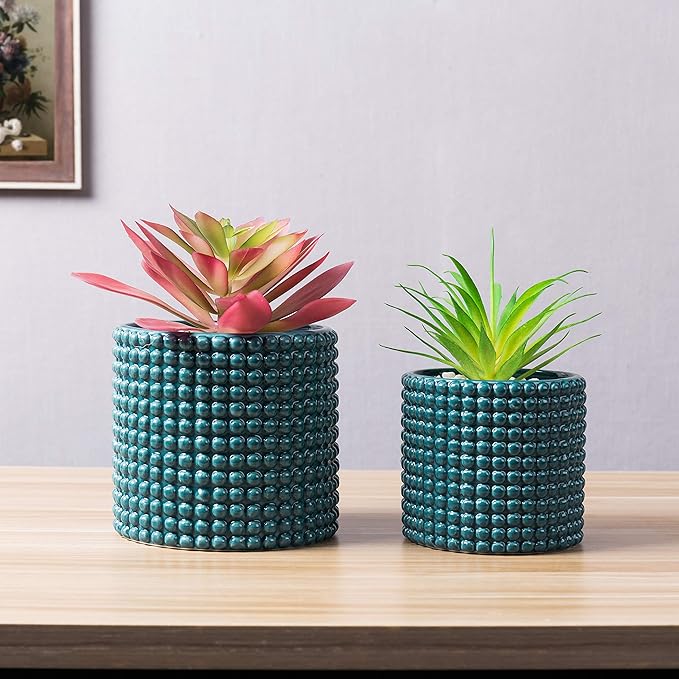 MyGift 6 Inch Ceramic Round Planter Pot, Set of 2 Vintage-Style Turquoise Ceramic Flower Pots, Indoor Hobnail Textured Cylindrical Succulent Plant Containers
