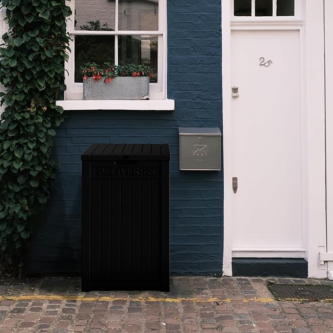 55 Gallon Black Resin Deck Box - Lockable, Waterproof Outdoor Storage for Packages & Patio Essentials - Rustproof Utility Box with Handles for Porches, Pools & Backyards