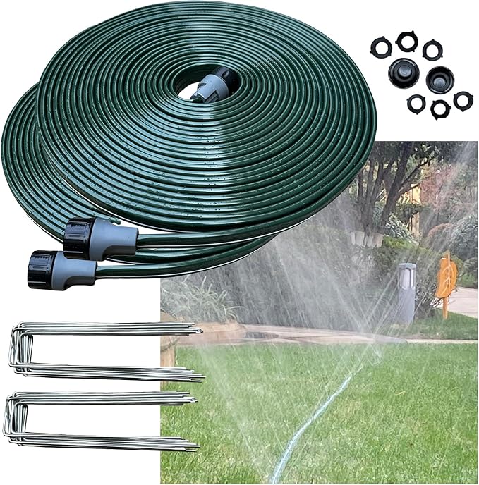 Watoo 2025 Sprinkler Hose & Soaker Hose for Yard - 100 FT Reinforced Flat Garden Hose with Holes, Heavy Duty No-Kink Lawn Irrigation Hose (Includes Stakes, High Pressure Spray)