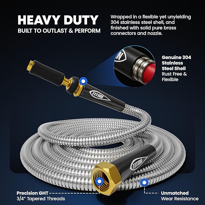 TITAN Garden Hose 50FT - 304 Stainless Steel Metal Water Hose, Flexible, Kink-Free, Lightweight, Durable, Crush Resistant Fittings, Easy to Coil, 500 PSI
