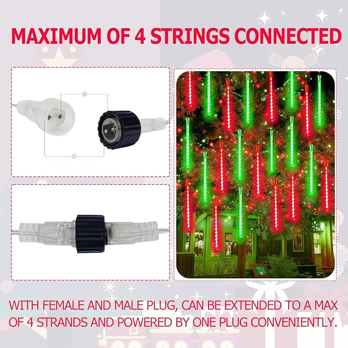 2-Pack Extendable Meteor Shower Christmas Lights Outdoor, 16 Tubes 384 LEDs Waterproof Falling Rain String Lights, Christmas String Lights Outdoor for Tree Garden Holiday Decorations (Red and Green)