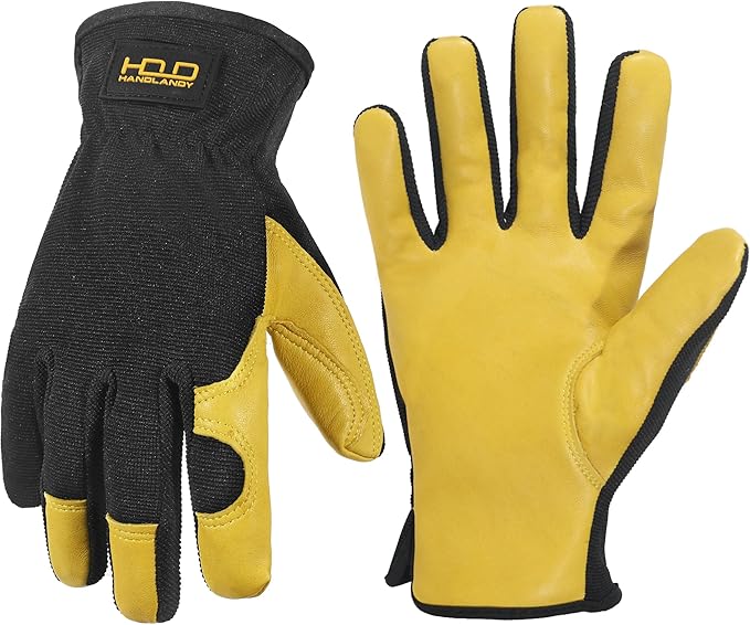 HANDLANDY Men Leather Gardening Gloves, Utility Work Gloves for Mechanics, Construction, Driver