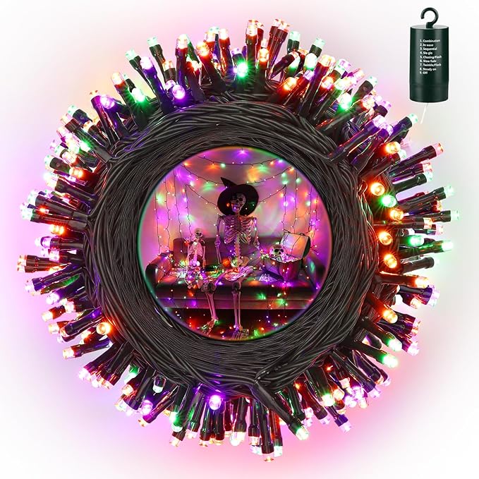 LYHOPE Halloween Lights, 200 LED 72ft 8 Modes Battery Operated Waterproof Fairy Halloween String Lights for Outdoor & Indoor, Patio, Lawn, Landscape, Garden, Holiday Decor (Orange Purple Green)