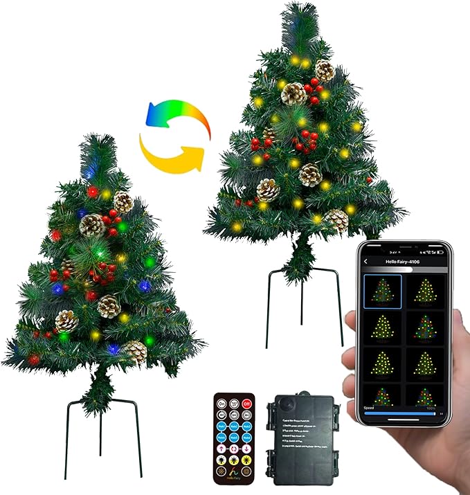 2pack 30Inch Outdoor Front Porch Lighted Christmas Trees, Multicolor/Warmwhite, Smart App&Remote, Timer, Music Sync, Pre-Lit Battery Operated Planter Urn Filler, Outside Xmas Yard Porch Decor