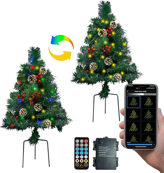 2pack 30Inch Outdoor Front Porch Lighted Christmas Trees, Multicolor/Warmwhite, Smart App&Remote, Timer, Music Sync, Pre-Lit Battery Operated Planter Urn Filler, Outside Xmas Yard Porch Decor