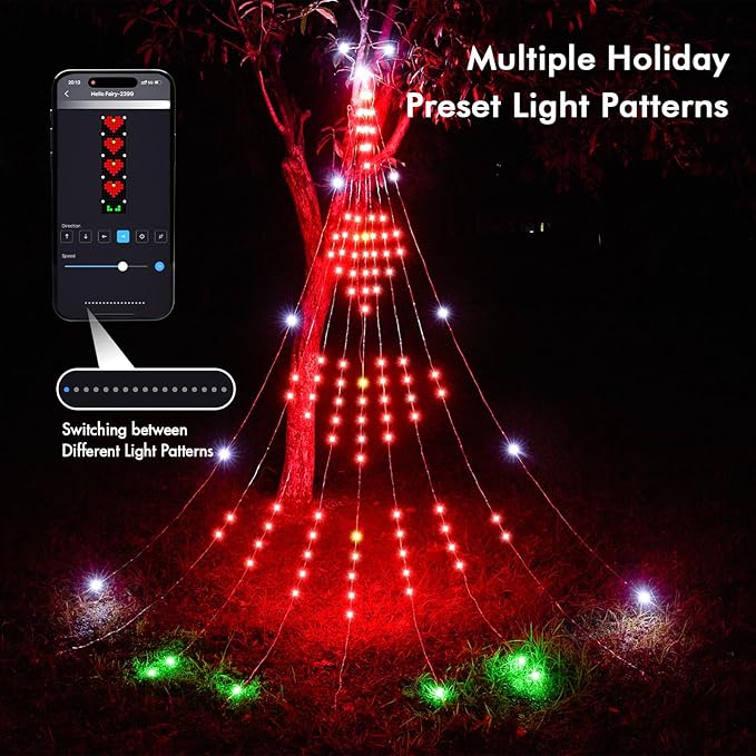Outdoor Christmas Decorations, 11.8FT RGB Color Changing Christmas Hanging Waterfall String Lights with Star, APP Remote Control, DIY Multi-Color Lightshow, Music Sync, Xmas New Year Decor