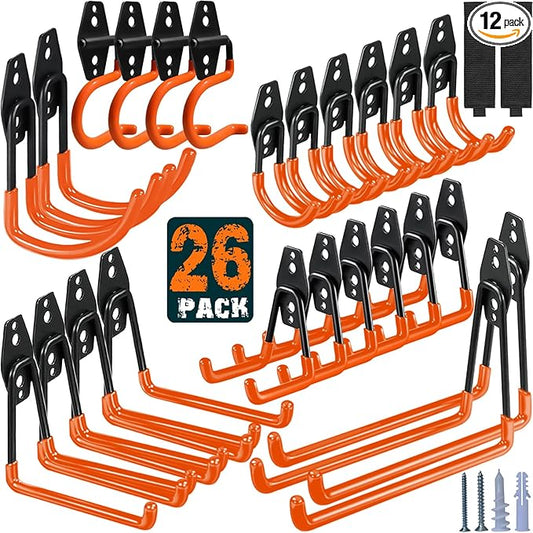 26 Pack Garage Hooks Heavy Duty Utility Steel with Anti-Slip Coating Wall Mount Storage Organizer for Hanging Power and Garden Tools, Ladders, Hose, Bikes, Ropes, Bulk Items, and More