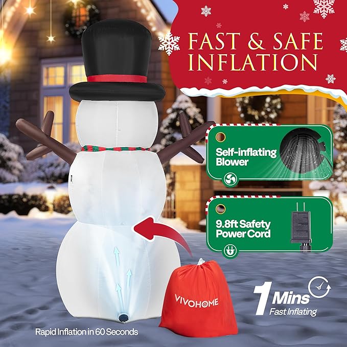 VIVOHOME 8FT Christmas Inflatable Outdoor Decoration, Snowman with Colorful Button, Navidad Blow Up Yard Decor with Built-in LED Light for Lawn, Garden, Party