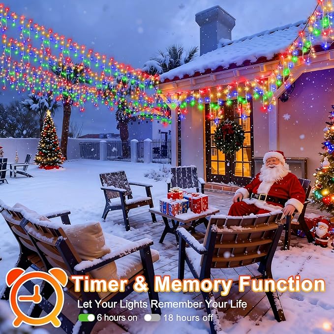 KNONEW Christmas Lights Outdoor Decorations 400 LED 33ft 8 Modes Curtain Fairy String Light with 75 Drops, Clear Wire LED String Light for Wedding Party Holiday Christmas Decorations Multicolor