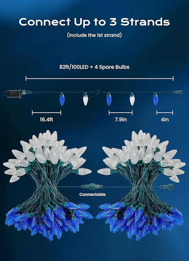 C9 Christmas Lights Outdoor, 66 FT 100 LED Connectable C9 String Lights with 8 Modes and Timer Xmas Tree Patio Roofline Garden Yard Holiday Party Indoor Outdoor Decoration, Blue and White