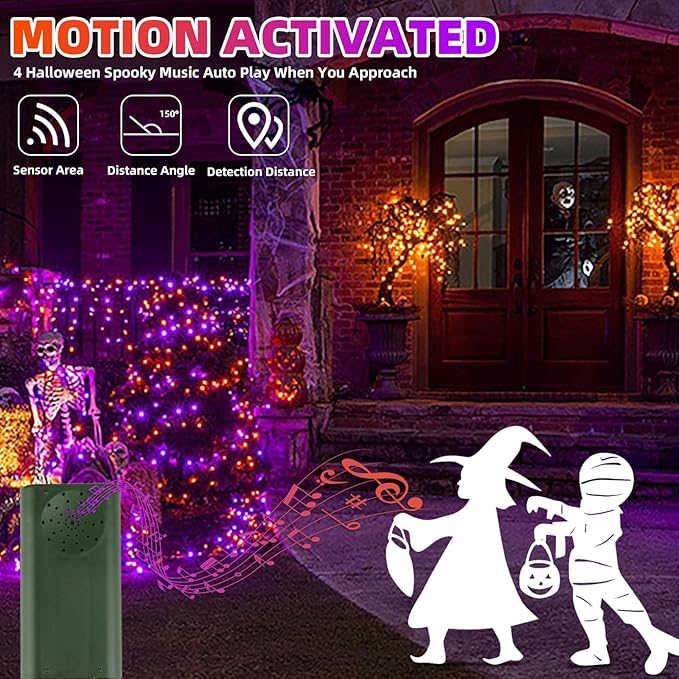 Halloween Lights 33ft 100 LED Battery String Lights with Motion Sensor Spooky Music or Battery Powered Orange & Purple 2 Colors in 1 Halloween Indoor Outdoor Decor