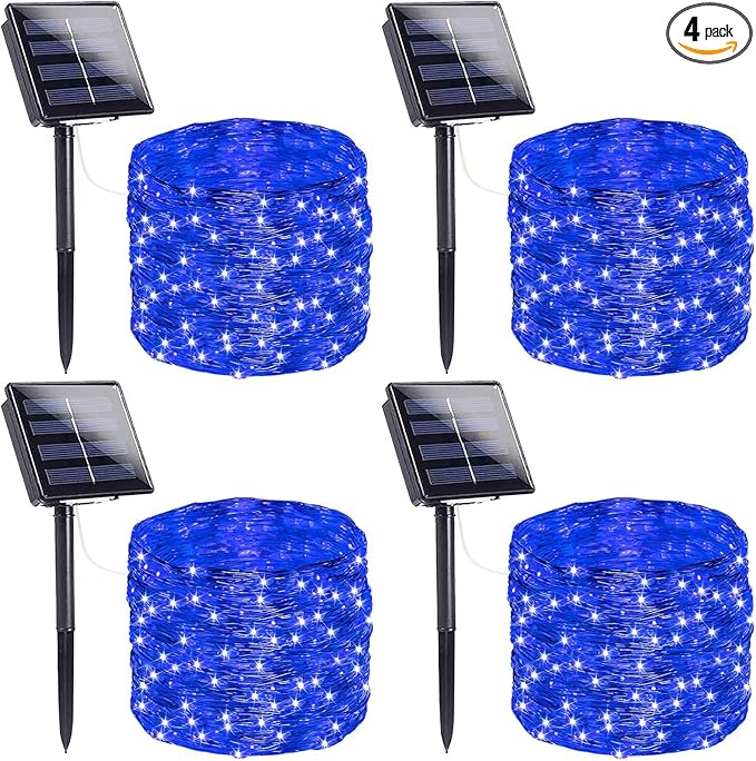 Extra-Long Solar String Lights Outdoor, 4-Pack 400 LED Solar Christmas Fairy Lights for Outside Waterproof, Copper Wire 8 Modes Solar Twinkle Fairy Light for Xmas Tree Garden Party Wedding Decor(Blue)