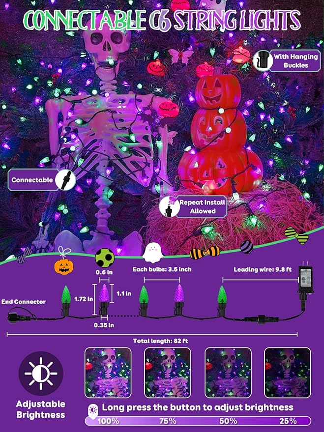 Upgraded 250 LED C6 Connectable Halloween String Lights, 82FT Purple and Green Lights, Waterproof Fairy Twinkle Light Plug in with 13 Modes & Timer for Outdoor Indoor Party Tree Halloween Decorations