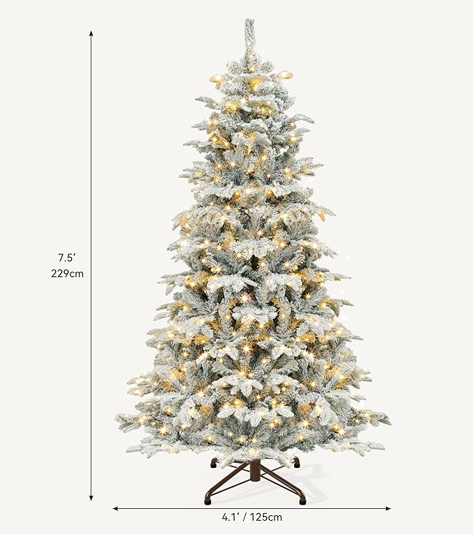 DWVO 7.5 FT Pre-Lit Snow Flocked Christmas Tree, Layered Artificial Xmas Tree with 1010 PE & PVC Branch Tips and 450 Multi-Mode Lights for Home, Office, and Party Decor with Remote Control