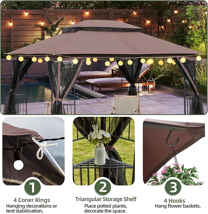 ECOTOUGE 10' X 13' Outdoor Gazebo, Soft Double Roof Canopy Tent with Mosquito Netting, Party Tent Shelter with Corner Frame Shelves for Patio, Backyard, Deck, Brown