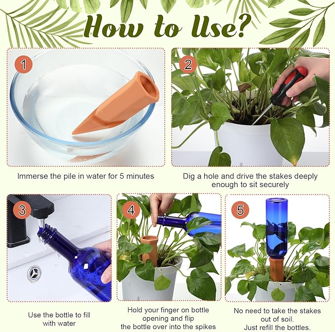 6 Sets Plant Watering Devices Include 6 Terracotta Self Watering Spikes and 6 Pcs 26 oz Plastic Bottles, Slow Release Vacation Insert Automatic Plant Waterer Device (Blue)