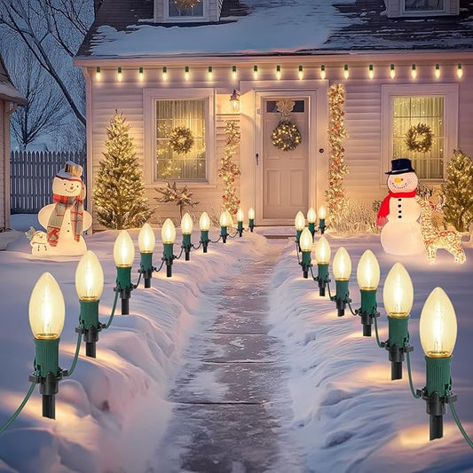 30Ft C9 Led 20 Bulbs Christmas Pathway Lights Outdoor, Warm White Led Bulbs Waterproof Connectable Christmas Walkway Lights with Stakes for Yard Lawn Sidewalk Driveway, Christmas Decorations
