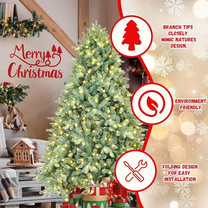 5FT Prelit Christmas Tree, Premium Blue Artificial Spruce Christmas Tree with 300 Lights & 1194 PE/PVC Branch Tips, Memory Wire Pre Lit Full Hinged Xmas Trees with Metal Base for Holiday Decoration