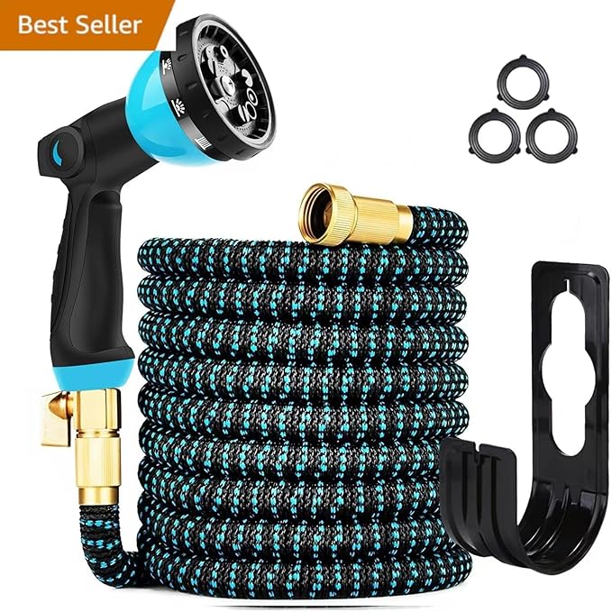 100 ft Expandable Garden Hose - Kink Free Flexible Water Hose with Thumb-Controlled 10-Function Nozzle, 3/4 Solid Brass Connectors, Retractable Latex Core - Lightweight Expanding Hose