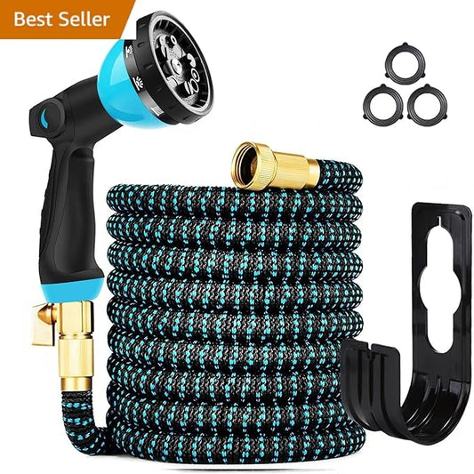 100 ft Expandable Garden Hose - Kink Free Flexible Water Hose with Thumb-Controlled 10-Function Nozzle, 3/4 Solid Brass Connectors, Retractable Latex Core - Lightweight Expanding Hose