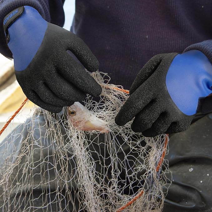 Kebada T2 Waterproof Work Gloves for Men and Women, Thermal Warm Winter Working Gloves, Insulated Freezer Gloves for Cold Weather, 100% Latex Coating, Wrist Closure, 2 Pairs, Blue, Small